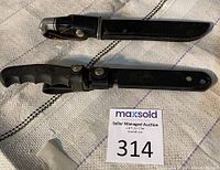 Two knives and their black sheaths displayed side by side, showing overall length and sheath design.