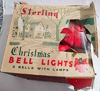 Damaged original Sterling branded box with Christmas theme, showing some of the red bell lights inside through a clear window. Box is visibly creased and torn.