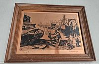 Front view of the copper etching artwork framed, showing harbor and boats scene.