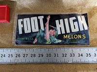 Photo showing a full view of one Foot High Melons paper label with tape measure indicating the label width approximately 11.5 inches.