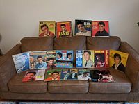 Collection of 16 Elvis Presley vinyl record albums arranged on a couch, showing album cover art with Elvis portraits and titles.