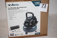 Box showing Anvil 2-gal pancake air compressor and accessories kit with model number and details.