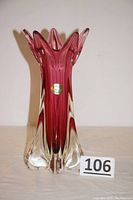 Full view of Bohemia five finger pulled art glass vase with purple/rose to clear gradient and Bohemia label.