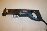 Side view of Ryobi RJ165V reciprocating saw showing full length, blue black body, and power cord.