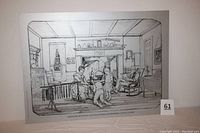 Full frontal photo of ink sketch showing entire domestic kitchen scene with four figures and fireplace.