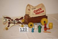 Front view of the complete vintage Roy Rogers Chuck Wagon toy set with horse, wagon, and wood accessories