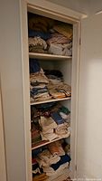 Full view of linen closet shelves filled with folded blankets, sheets, towels, and placemats.