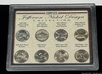 Front case showing the complete Jefferson Nickel Design Collection with labeled coins in sealed packaging.
