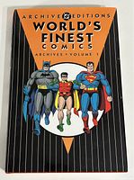 Front cover of 1999 DC Comics World's Finest Comics Volume 1 Archive Edition hardcover book, showing Batman, Robin, and Superman illustration.