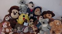 Full view of the collection showing multiple stuffed animals including Pikachu, koalas, monkeys, Dora the Explorer, and more.