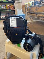 Camera body, lens, strap and travel bag overview