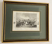 Framed antique engraved print showing British Light Cavalry in battle, featuring horses and soldiers with an intricate border.