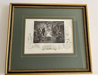 Framed lithographic print showing historical scene of Death of Lord Nelson, entire framed artwork visible with double mat and gold trim frame.