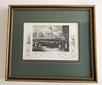 Framed antique lithograph print with green double mat and gold-trimmed frame, showing detailed military and civilian scene.