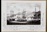 Framed antique lithograph print showing naval battle scene and ships, visible detail and title text.