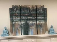 Image of the five-panel acrylic painting on canvas depicting a forest reflected in water.