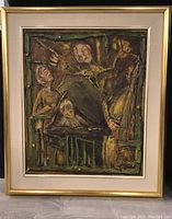 Full view of framed oil painting depicting abstract figures in earthy tones, signed by artist V. Nemez.