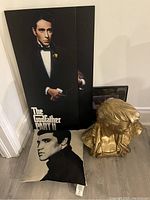 Godfather Part II canvas print, pillow with a man's profile image, gold sculpture bust, small framed art