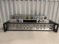 Three rack units stacked: PreSonus BlueTube DP on top, Apollo preamp in middle, HH power amplifier on bottom