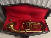 Full view of the vintage baritone horn lying inside the black hard case with red lining.