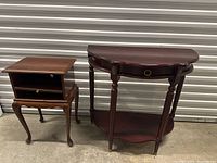 Both vintage wooden tables shown side by side, including demi-lune console and small side table with cabriole legs.
