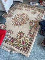 Overall view of 4x6 rectangular area rug showing full floral pattern and fringed edge