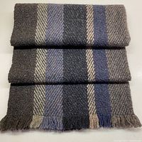 Folded view of McKernan wool scarf showing multi-color stripes in grey, coffee, lavender, and chocolate with fringed edges.