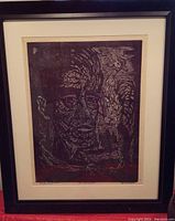 Framed black and white artist's proof print showing a man's face with a bird, titled 'Peter Remembered'.