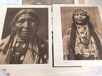 Two sepia toned black and white photographs featuring indigenous people wearing tribal attire and jewelry