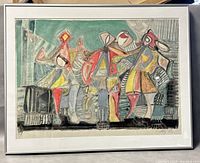 Full-framed image of the signed monotype print showing abstract figures and overall condition.