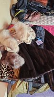 Photo showing multiple ladies coats and jackets, including mink, wool, leather, and faux leopard print pieces.