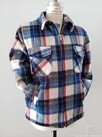 Front angled view of men's wool blend plaid winter jacket showing front zipper, chest flap pockets, side pockets, and collar.