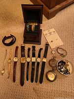 Full view of all watches, pocket watches, rings and jewelry arranged on carpeted floor.