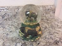 Large buffalo bison snow globe showing the figurine on the rocky base and inside the glass sphere
