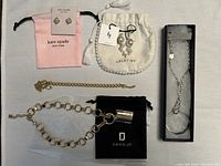 Full lot overview including all jewelry pieces with pouches and box arranged on a flat surface