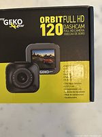 Box front showing My Geko Gear Orbit 120 Full HD dashcam details and features