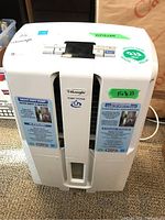 Front view of white DeLonghi R-DD45P pump system dehumidifier showing control panel taped and water level window.