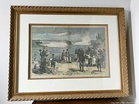 Full view of the framed coloured etching showing the entire scene within an ornate gold frame.