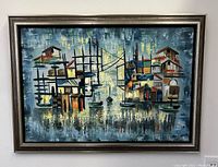 Front view of framed abstract oil painting showing overall composition and colors