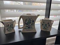 Photo of Japanese tea set with teapot, creamer, and sugar bowl, all square-shaped with blue and green ceramic decorations.