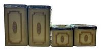 Front view of four vintage Ecko canisters showing tan-beige color, embossed design, and oval brand emblems on the front with chrome lids.