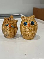 Front view of the vintage owl salt and pepper shakers showing facial details, paint, and holes on top.