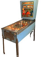 Full left-side angled view of machine showing cabinet, legs and backbox