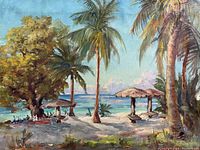 Frontal view of the painting showing full beach scene with palm trees, umbrellas and sea