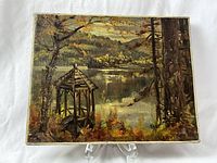 Front view of the full painting on board displayed on a clear plastic easel against a white backdrop