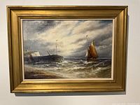 Full view of framed oil painting depicting marine scene