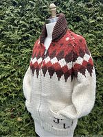 Front and side view of a vintage thick wool sweater with zip, showing detailed pattern and chunky knit texture.