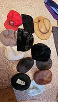 Overview photo of 12 men's hats including baseball, winter, cowboy, and fabric caps arranged on carpet.