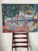 Front view of dry mounted poster of Henri Manguin's painting showing pine trees with sea in the background.
