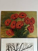 Frontal view of the oil painting on board showing the full floral composition with red poppies and green leaves, and the signature in the bottom left.